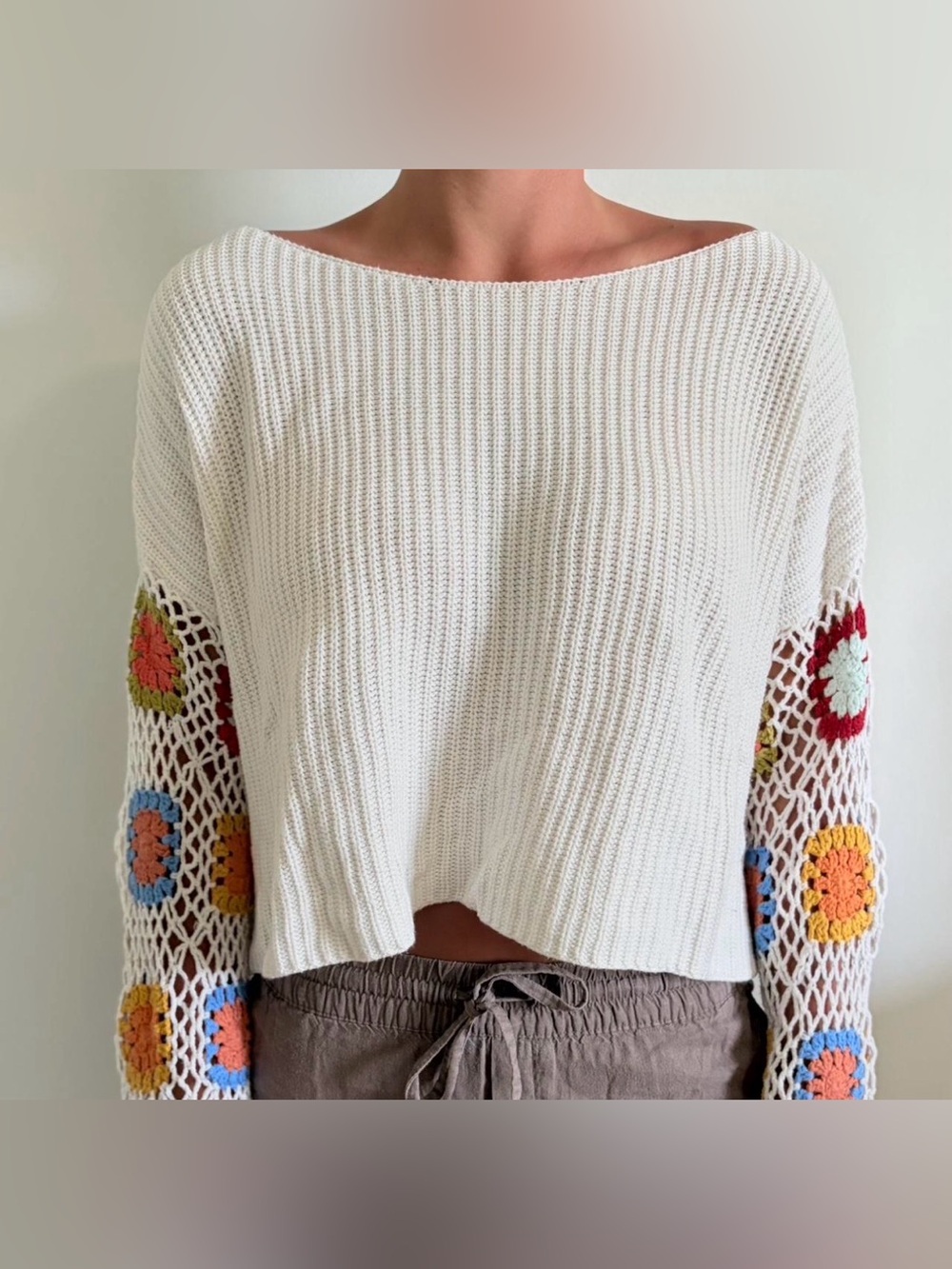 Altar'd State Cropped Lorey Crochet Sleeve Sweater Women’s Size M GUC